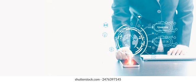 Academy e-learning platform offers online course students can study and learn new concepts, making education accessible through web-based training for modern school experience. banner with copy space