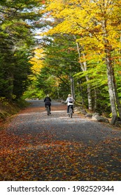 Acadia National Park Maine USA October 11 2018:  Biking Along The Colorful Leafy Paths In Acadia National Park