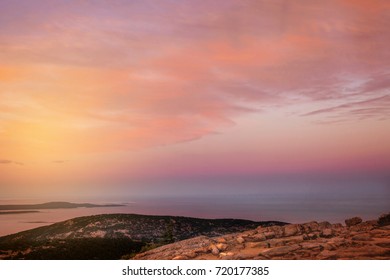 Acadia National Park Maine, view from Cadillac mountain at sunset