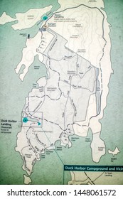 Acadia National Park, ME, USA - August 12, 2018: The Duck Harbor Campground And Vicinity Map