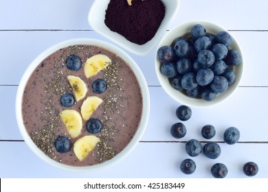 Acai Berry Smoothie Bowl With Banana, Blueberry And Chia Seeds