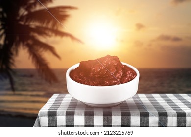 Acai Bowl With Lens Flare On Tropical Beach Background