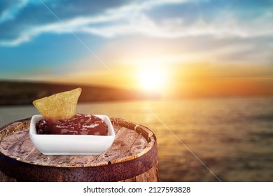 Acai Bowl With Lens Flare On Tropical Beach Background