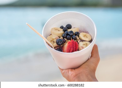 Acai Fruit Smoothie Bowl. Morning Breakfast Meal To Go, Vegan Food. Berries And Fresh Fruits Outdoors For A Healthy Eating Lifestyle.