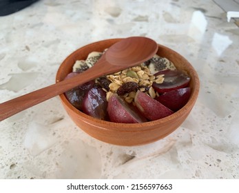 Acai Smoothie Bowl With Berry Yoghurt, Grape, Banana, And Almont Crumbs On Wooden Bowl