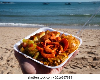 Acaraje, A Typical Food From Bahia, Brazil At Itapua Beach, Salvador, Bahia, Brazil. Tropical Travel.  Vacation Seaside.