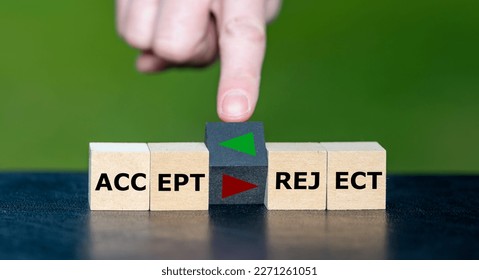 Accept or reject? Hand turns cube and changes the orientation of an arrow as symbol to accept a proposal. - Shutterstock ID 2271261051