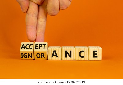 Acceptance or ignorance symbol. Businessman turns cubes, changes the word 'ignorance' to 'acceptance'. Beautiful orange table, orange background. Business, acceptance or ignorance concept. Copy space. - Shutterstock ID 1979422313