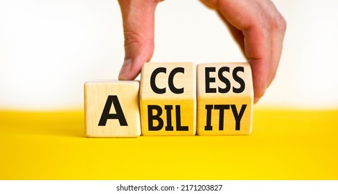 Access and ability symbol. Concept words Access and Ability on wooden cubes. Businessman hand. Beautiful yellow table white background. Access ability and business concept. Copy space.