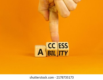 Access and ability symbol. Concept words Access and Ability on wooden cubes. Businessman hand. Beautiful orange table orange background. Access ability and business concept. Copy space. - Shutterstock ID 2178735173