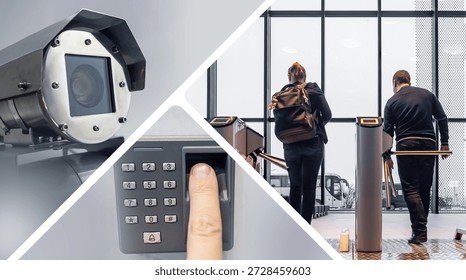 Access control systems, security management. CCTV camera, keypad and turnstile regulate entry, monitor people flow, ensure building security and controlled access.