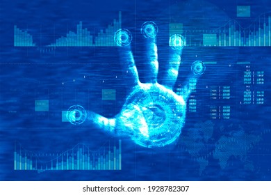 Access to data analytics. Hand scans fingerprints to access statistics. Graph and numbers on a blue background