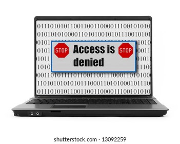 Access is denied notice on a notebook screen,binary code is abstract, there is no copyright infringement,image on the screen has a clearly visible net simulating display pixels