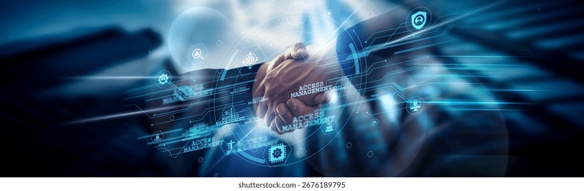 Access Management concept, user authorization, handshake of global network connection securing identities, login, data, roles, compliance, control, policies.