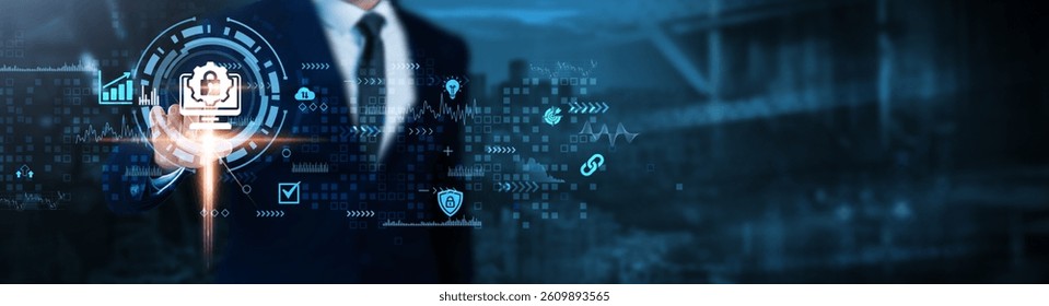 Access Management: Security protocols, identity verification, user authentication, role-based access, data protection, compliance control, network security, Businessman analyzes technological data.