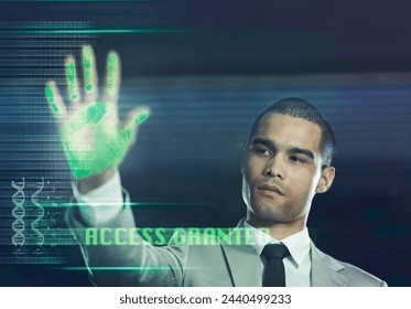 Access, security or hand of businessman on overlay technology or future hologram for biometrics. Black background, handprint or entrepreneur with touchscreen for digital database or scanning id info - Powered by Shutterstock - Get 15% off with code: PIKWIZARD15