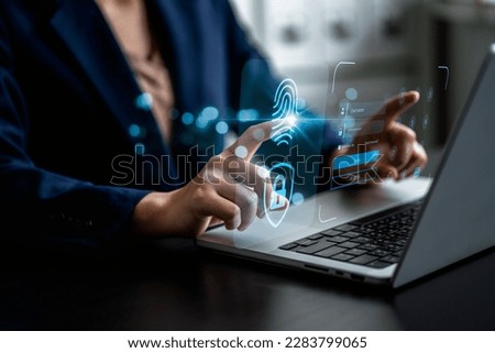 Access security personal financial data on scan fingerprint identification, biometric authentication cybersecurity, technology cybernetics into Big data businesses, Businesswoman login laptop computer