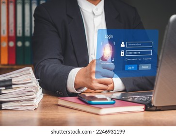 Access the system with a fingerprint on the virtual screen. A page for the login interface on the touch screen. Cyber security and personal data protection concept