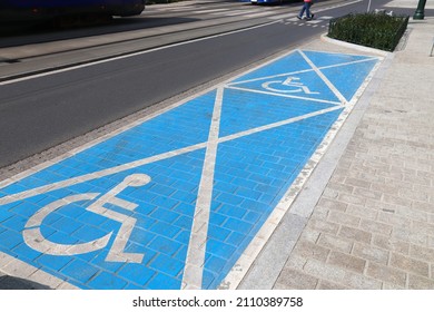 Accessible Parking Space. Disabled Street Parking Spot In Krakow City, Poland.