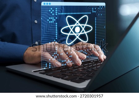 Accessing quantum computer via cloud. Solving complex optimization problems. Businessman using quantum cloud service on laptop computer.