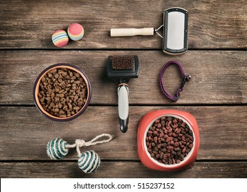 Accessories For Cat On Wooden Background