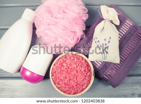 Accessories for hygenic and bath in a composition on a gray background. Spa and relaxation concept.