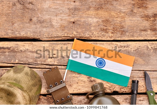 Accessories Indian Soldier Military Items Arrangement Stock Photo