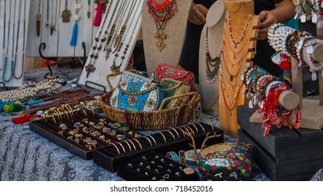 Accessories and jewelry display at art and craft market
