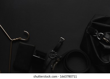 Accessories For Men's Beauty On A Monochromatic Background.
Watch, Perfume, Belt, Hanger, Wallet Leather. Minimal Black Trend 2020. Top View With Copy Space Flatlay.