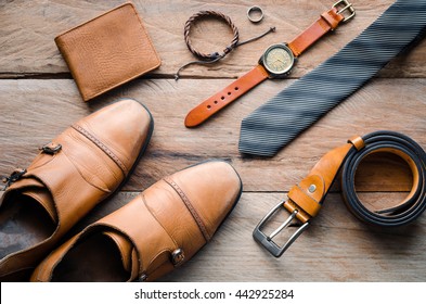 Accessories For Mens Lay On The Wooden Floor