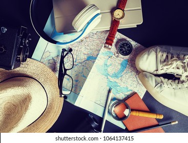 Overhead View Travelers Accessories Essential Vacation Stock Photo ...