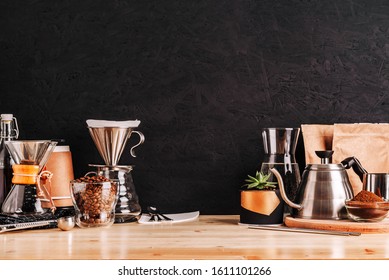 Accessories And Utensils For Making Coffee Drinks On A Wooden Table, Coffee Shop Interior