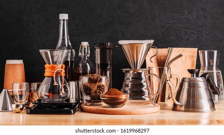 Accessories And Utensils For Making Coffee Drinks On A Wooden Table, Coffee Shop Interior