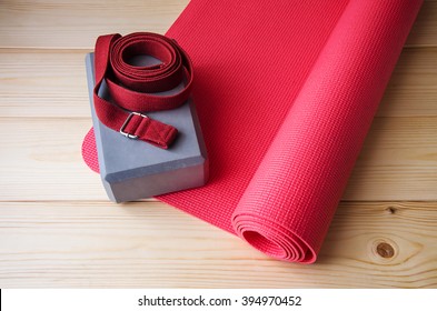 Accessories For Yoga,pilates Or Fitness.Mat, Foam Block And Strap.