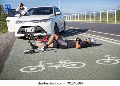 Accident Car Crash Bicycle On Bike Lane.