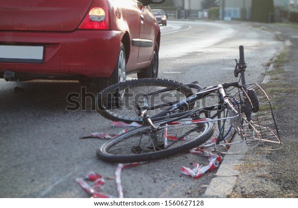 Accident car crash with bicycle on road.\
Traffic accident concept.\
Real\
situation.