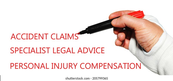 Accident Claims Specialist Legal Advice Concept With Injured Hand Writing Key Words