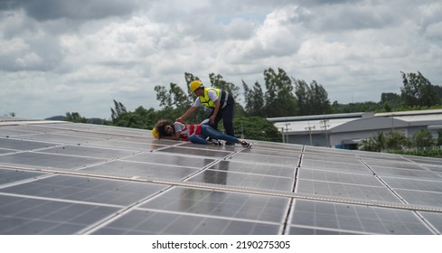 Accident With Engineer Roof Solar Panel Inspector Safety Facilities Construction And Construction Industry Office