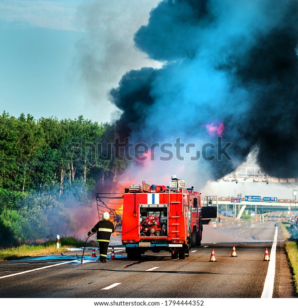 accident and fire on the road,\
Truck carrying fuel wrecked into construction divider, Driver\
survived