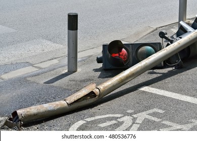 Accident On The Street And Broken Traffic Light