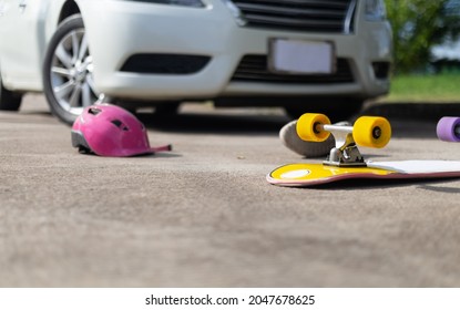 Accident Skateboard Crashes Car After Stunt On Street And Lost Control.