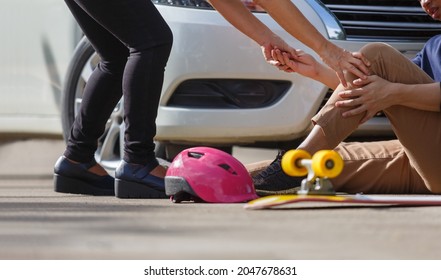 Accident Skateboard Crashes Car After Stunt On Street And Lost Control.