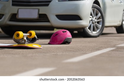 Accident Skateboard Crashes Car After Stunt On Street And Lost Control.