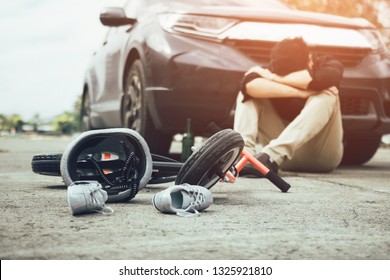 Accident That Occurred Man Who Drank Alcohol And Drunk Stress With Crash Child Bike On The Ground.