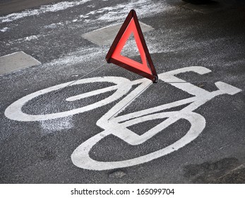 Accident Warning Sign On Bycicle Road, Germany