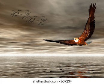 Accipitridae, the american bald eagle flying over the ocean,dark dramatic sky and puffy clouds, seagulls in the background.  3D render.