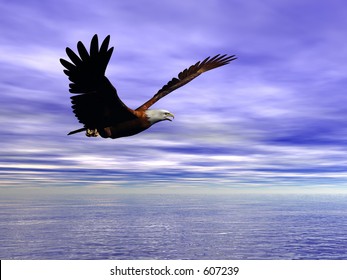 Accipitridae, the american bald eagle flying over the ocean, clear blue sky and puffy clouds.  3D render.