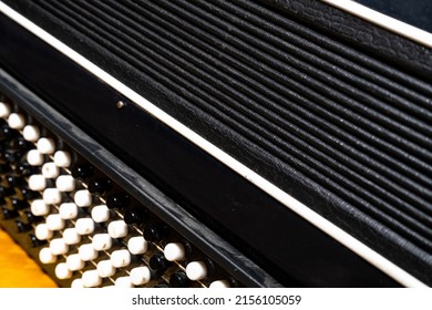 Accordion Keys And Bellows Close Up. Music Instrument.