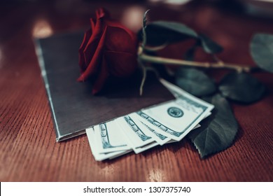 Account Book On Table. Rose With Money. Luxury Life. Had Good Rest. Rich People. Good Tips. Blur. Close Up. Successful People. Tip For Waiter. Nice Service. Big Money. Thanks From Visitors.