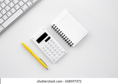 Accountant Or Banker Desk With Calculator, Keyboard And Notebook White Background Top View Mockup